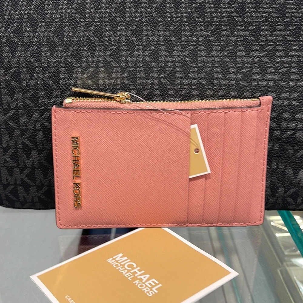MICHAEL KORS Jet Set Travel Medium Top Zip Leather Card Case Wallet Primrose NWT